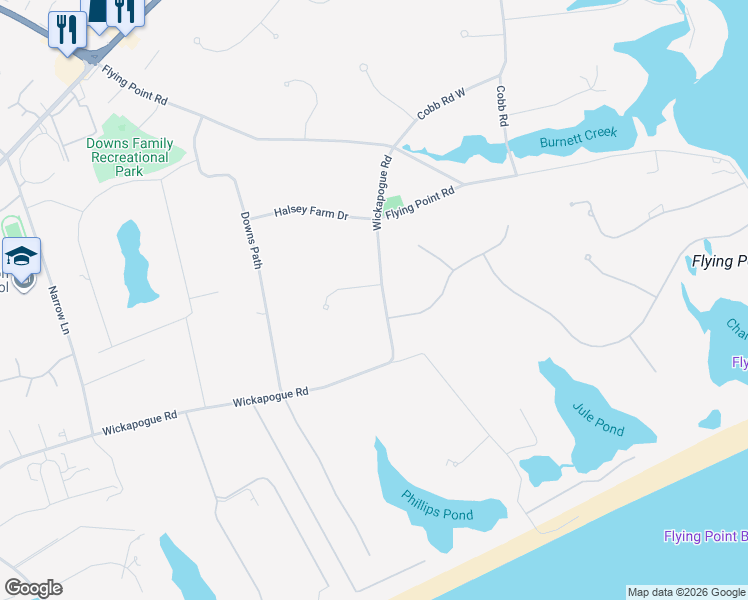 map of restaurants, bars, coffee shops, grocery stores, and more near 451 Wickapogue Road in Southampton