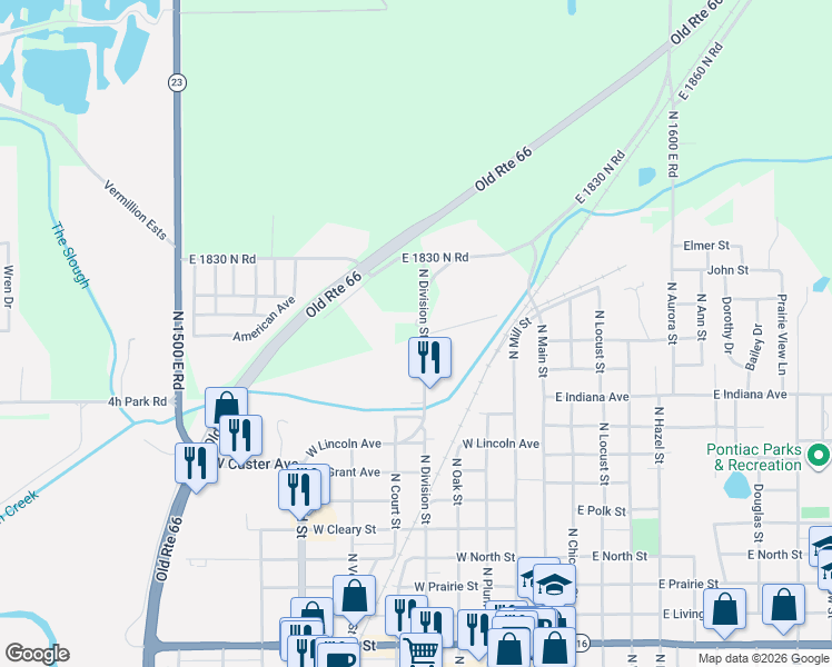 map of restaurants, bars, coffee shops, grocery stores, and more near 1303 North Division Street in Pontiac