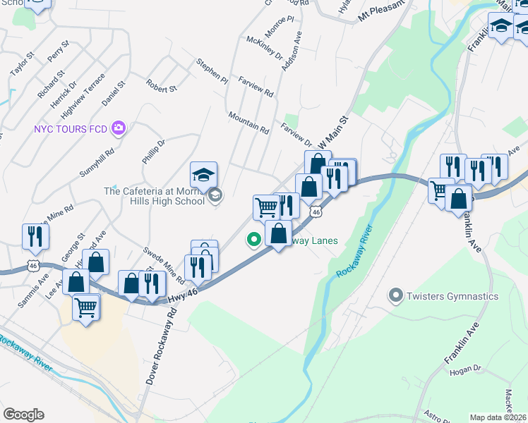 map of restaurants, bars, coffee shops, grocery stores, and more near 511 West Main Street in Rockaway