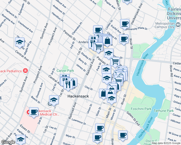 map of restaurants, bars, coffee shops, grocery stores, and more near 348 Railroad Avenue in Hackensack
