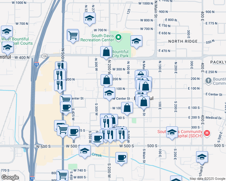 map of restaurants, bars, coffee shops, grocery stores, and more near 185 West 100 North in Bountiful