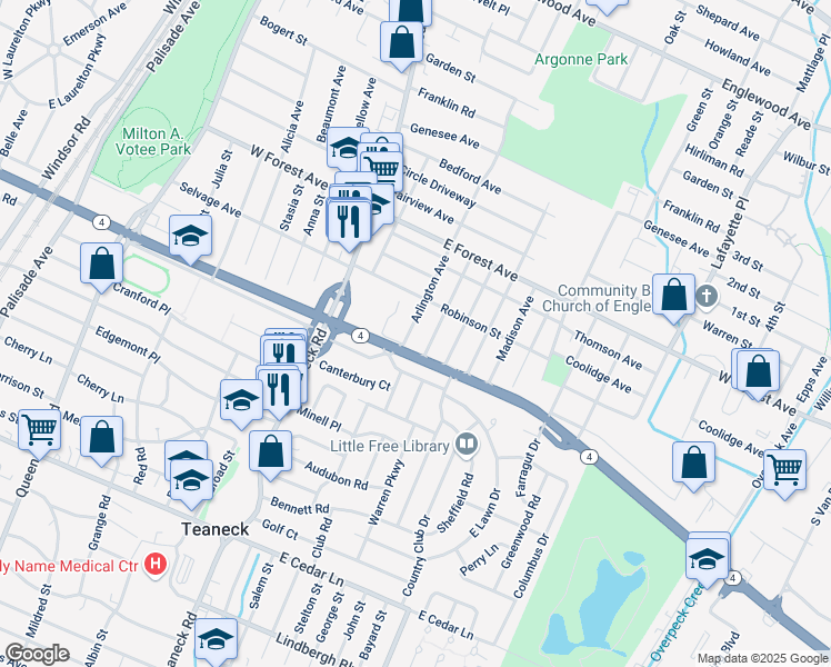 map of restaurants, bars, coffee shops, grocery stores, and more near 1082 Arlington Avenue in Teaneck