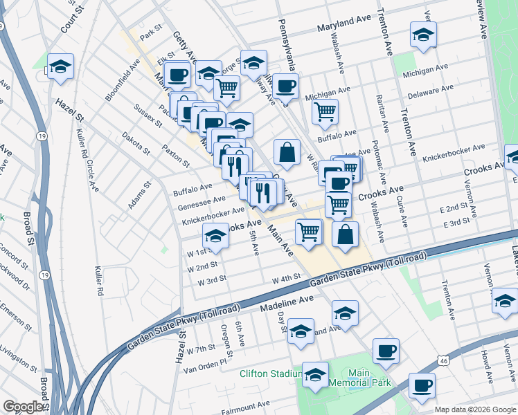 map of restaurants, bars, coffee shops, grocery stores, and more near 25 Eagle Avenue in Paterson