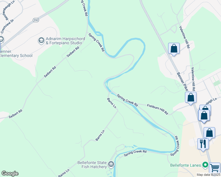 map of restaurants, bars, coffee shops, grocery stores, and more near 499 Spring Creek Rd in Bellefonte