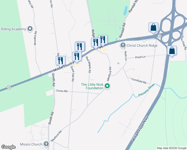 map of restaurants, bars, coffee shops, grocery stores, and more near 23 Red Maple Road in Ridge