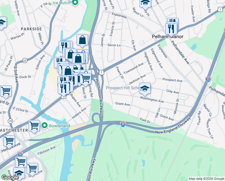 map of restaurants, bars, coffee shops, grocery stores, and more near 105 Jackson Avenue in Pelham Manor