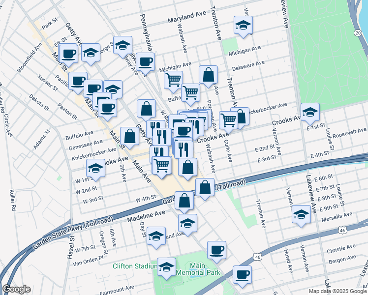 map of restaurants, bars, coffee shops, grocery stores, and more near 441 Crooks Avenue in Clifton
