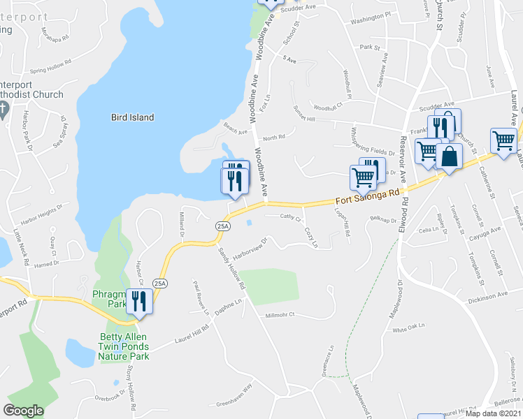 map of restaurants, bars, coffee shops, grocery stores, and more near 14 Cathy Court in Northport