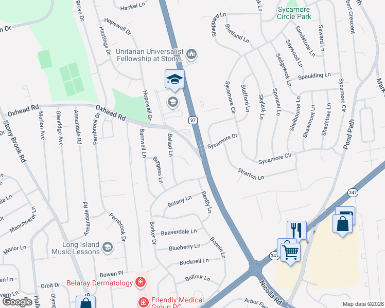map of restaurants, bars, coffee shops, grocery stores, and more near 324 Oxhead Road in Stony Brook