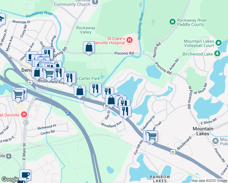 map of restaurants, bars, coffee shops, grocery stores, and more near 26 Lakewood Drive in Denville