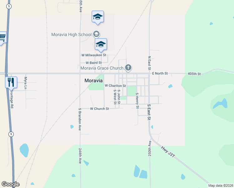 map of restaurants, bars, coffee shops, grocery stores, and more near 101-113 West King Street in Moravia