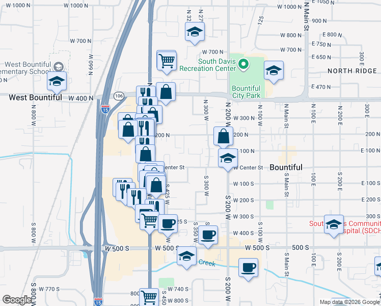 map of restaurants, bars, coffee shops, grocery stores, and more near 64 Tierra Vista Court in Bountiful