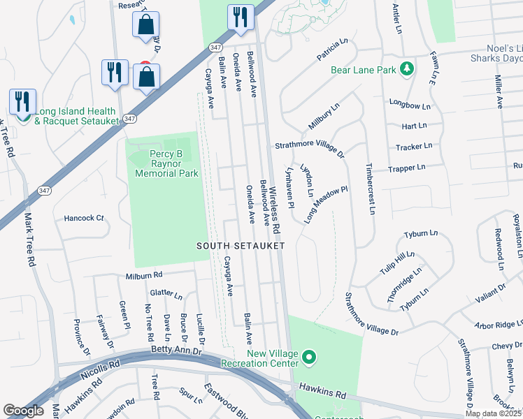 map of restaurants, bars, coffee shops, grocery stores, and more near 46 Bellwood Avenue in Centereach