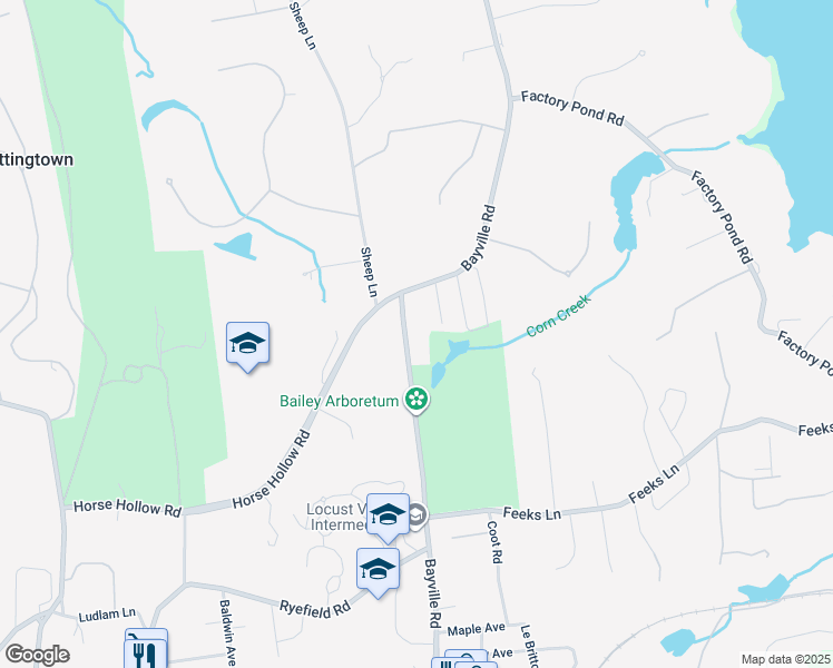 map of restaurants, bars, coffee shops, grocery stores, and more near 222 Bayville Road in Locust Valley