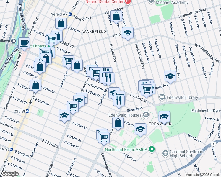 map of restaurants, bars, coffee shops, grocery stores, and more near 1027 East 232nd Street in Bronx