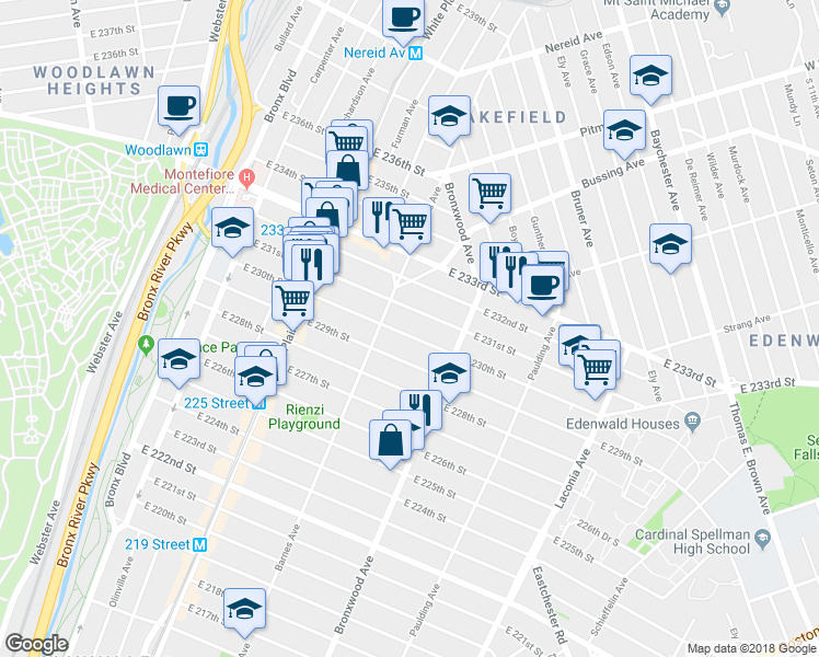 map of restaurants, bars, coffee shops, grocery stores, and more near 847 East 230th Street in Bronx