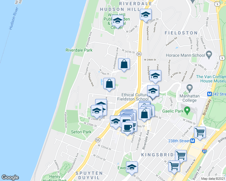 map of restaurants, bars, coffee shops, grocery stores, and more near 645 West 239th Street in Bronx