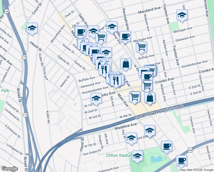 map of restaurants, bars, coffee shops, grocery stores, and more near 25 Eagle Avenue in Paterson