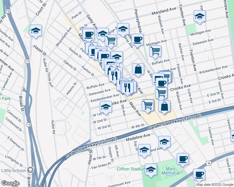 map of restaurants, bars, coffee shops, grocery stores, and more near 25 Eagle Avenue in Paterson