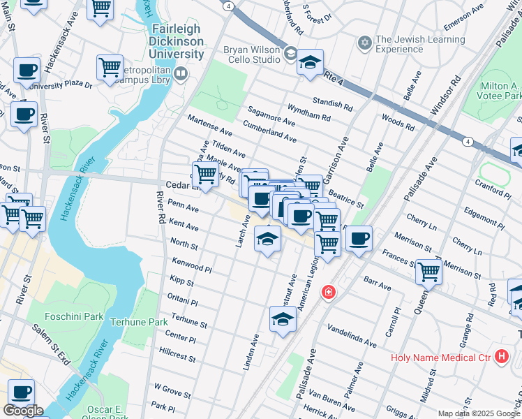 map of restaurants, bars, coffee shops, grocery stores, and more near 556 Cedar Lane in Teaneck