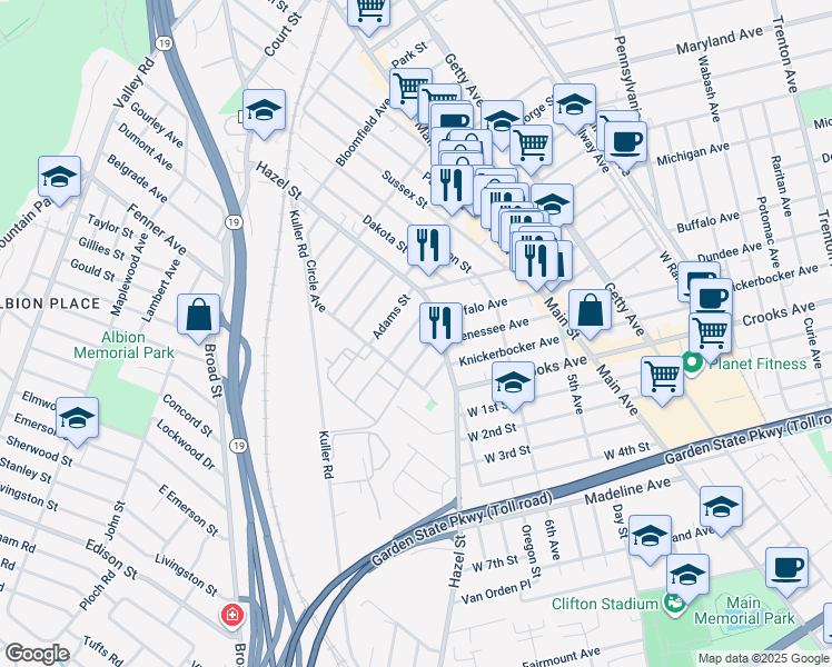 map of restaurants, bars, coffee shops, grocery stores, and more near 21 Inwood Street in Clifton