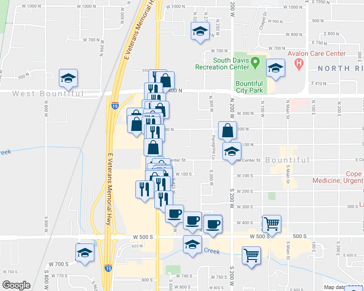 map of restaurants, bars, coffee shops, grocery stores, and more near 33 Tierra Vista Court in Bountiful