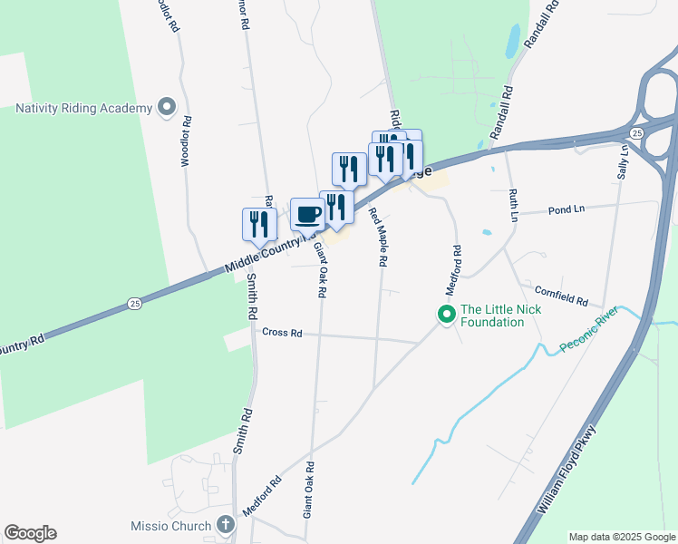 map of restaurants, bars, coffee shops, grocery stores, and more near 15 Giant Oak Road in Ridge