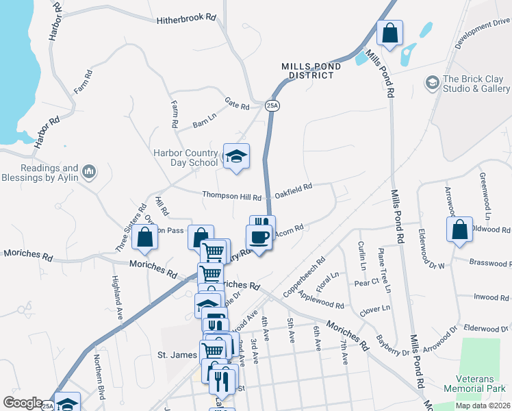 map of restaurants, bars, coffee shops, grocery stores, and more near 3 Thompson Hill Road in Saint James
