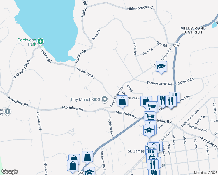map of restaurants, bars, coffee shops, grocery stores, and more near 30 Harbor Hill Road in Saint James