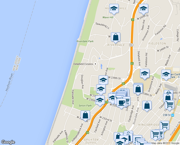 map of restaurants, bars, coffee shops, grocery stores, and more near 3861 Hudson Manor Terrace in Bronx