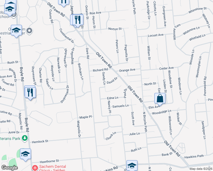 map of restaurants, bars, coffee shops, grocery stores, and more near 21 Sandy Lane in Selden