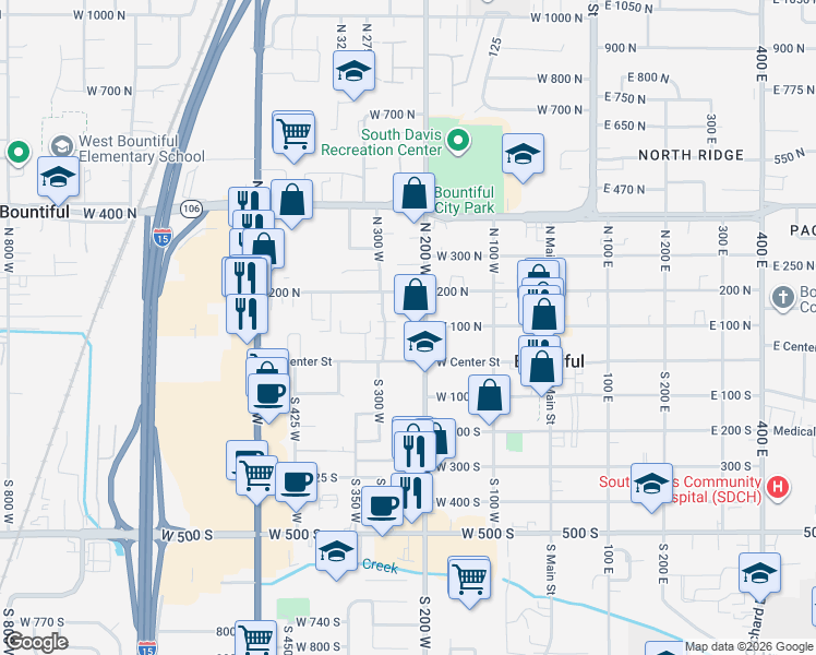 map of restaurants, bars, coffee shops, grocery stores, and more near in Bountiful