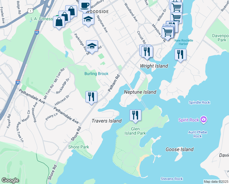 map of restaurants, bars, coffee shops, grocery stores, and more near 676 Pelham Road in New Rochelle