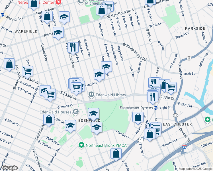 map of restaurants, bars, coffee shops, grocery stores, and more near 3951 Hill Avenue in Bronx