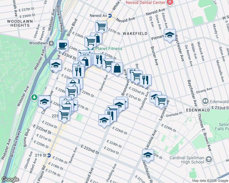 map of restaurants, bars, coffee shops, grocery stores, and more near 847 East 230th Street in Bronx