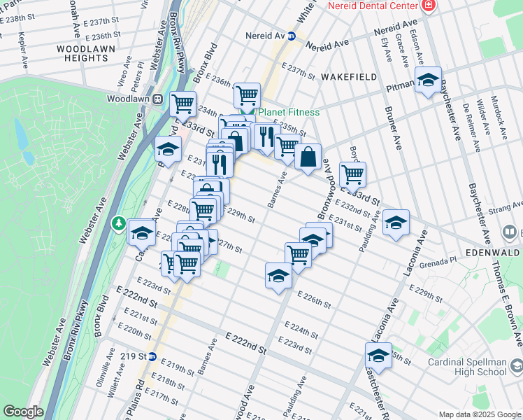 map of restaurants, bars, coffee shops, grocery stores, and more near 4112 Barnes Avenue in Bronx