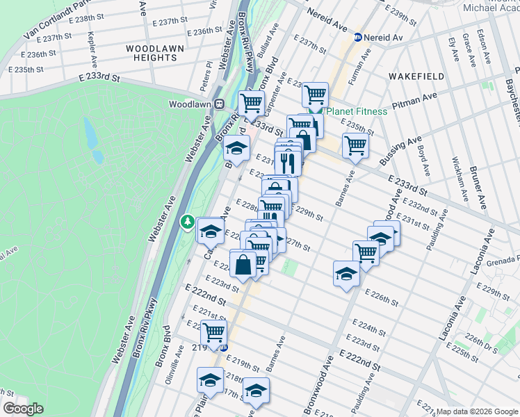 map of restaurants, bars, coffee shops, grocery stores, and more near in The Bronx