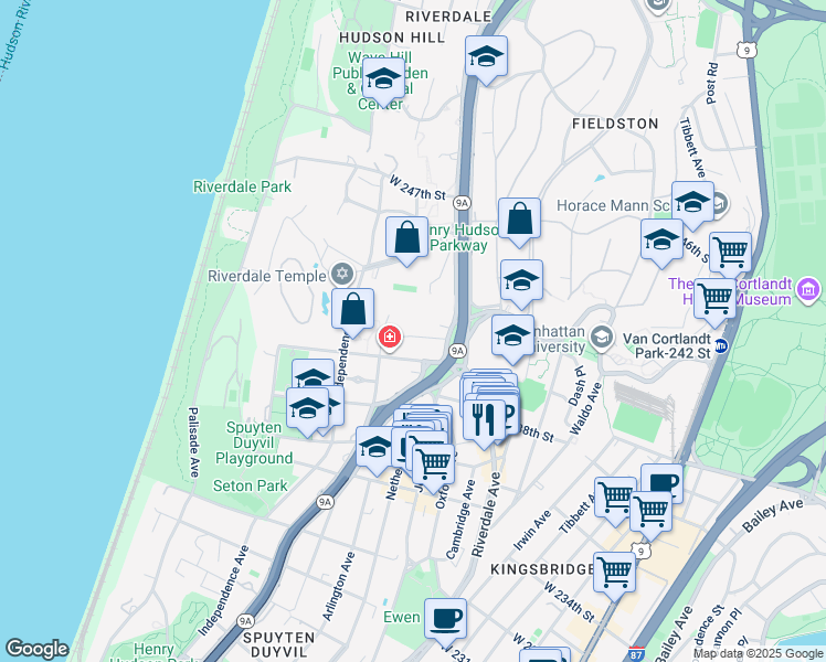 map of restaurants, bars, coffee shops, grocery stores, and more near in The Bronx