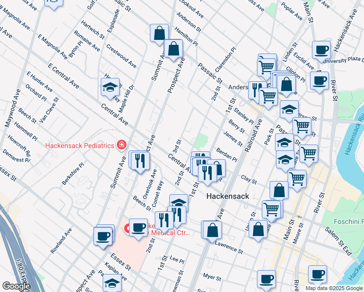 map of restaurants, bars, coffee shops, grocery stores, and more near 242 3rd Street in Hackensack