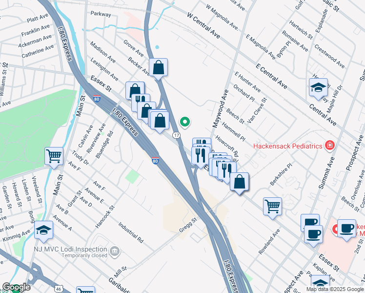 map of restaurants, bars, coffee shops, grocery stores, and more near Highway 17 in Maywood