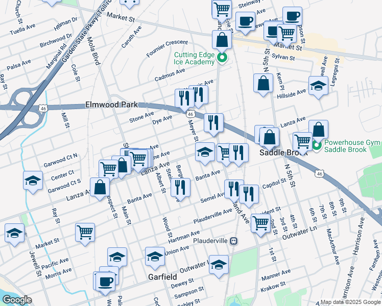map of restaurants, bars, coffee shops, grocery stores, and more near 75 Alpine Street in Garfield