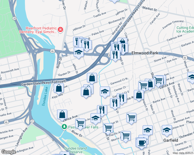 map of restaurants, bars, coffee shops, grocery stores, and more near 157 Kipp Avenue in Elmwood Park
