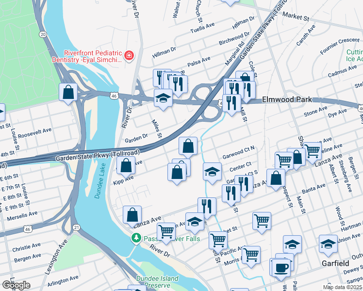 map of restaurants, bars, coffee shops, grocery stores, and more near 124 Martha Avenue in Elmwood Park