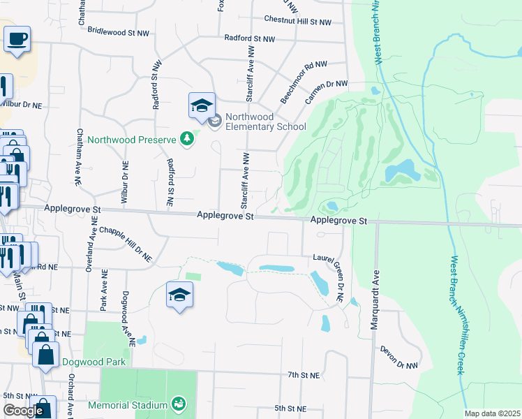 map of restaurants, bars, coffee shops, grocery stores, and more near 1265 Wynnridge Avenue Northeast in North Canton