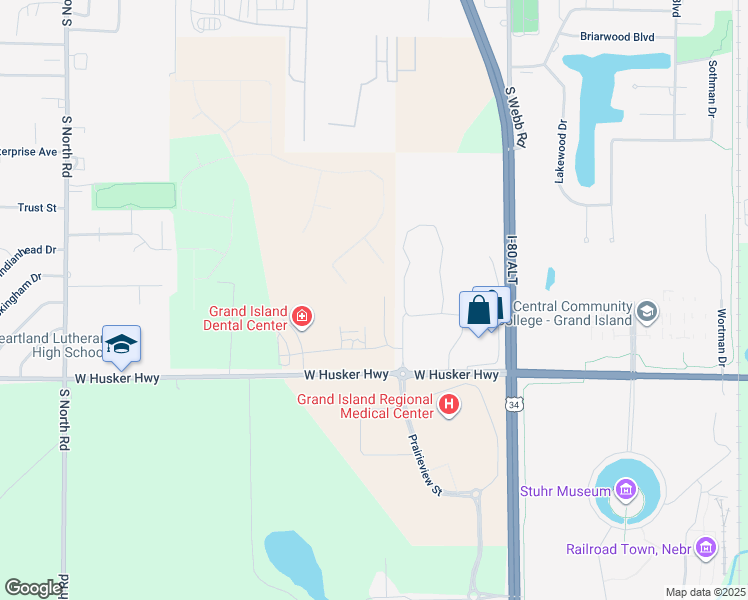 map of restaurants, bars, coffee shops, grocery stores, and more near Prairieview Street in Grand Island