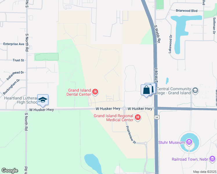 map of restaurants, bars, coffee shops, grocery stores, and more near Prairieview Street in Grand Island