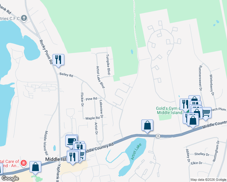 map of restaurants, bars, coffee shops, grocery stores, and more near 104 Bailey Court in Middle Island