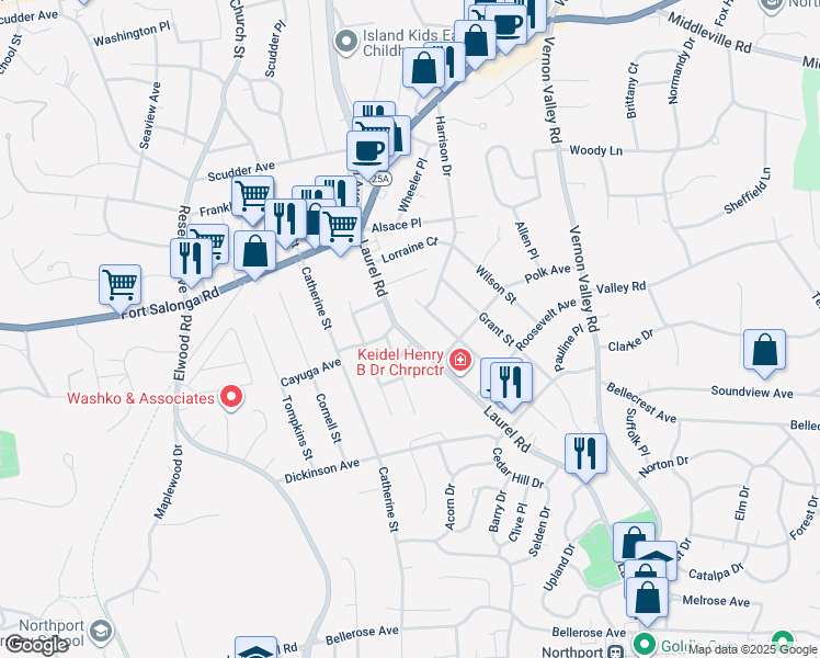 map of restaurants, bars, coffee shops, grocery stores, and more near 279 Laurel Road in East Northport