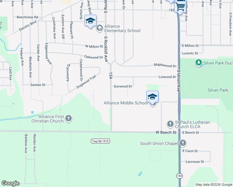 map of restaurants, bars, coffee shops, grocery stores, and more near 3160 Ridgehill Avenue in Alliance