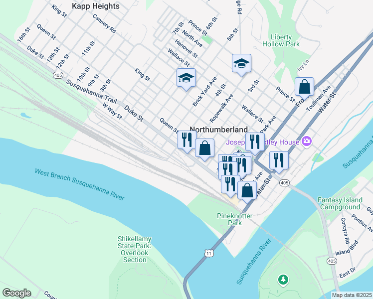 map of restaurants, bars, coffee shops, grocery stores, and more near 301-349 Route 147 in Northumberland
